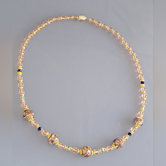 VTG Style Pink Rose & Wedding Cake ART GLASS BEADED NECKLACE 26" GF and Vermeil - Picture 3 of 11